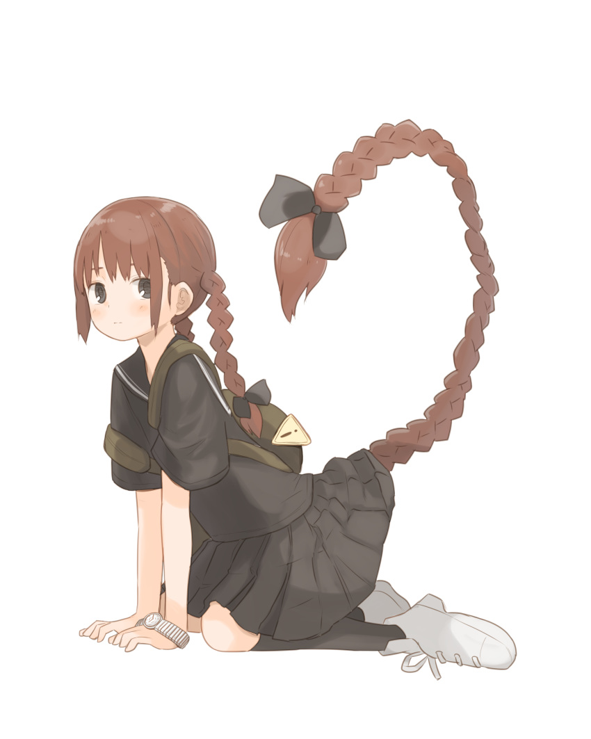 1girl, absurdres, arm_support, bag, black_shirt, black_skirt, boots, bow