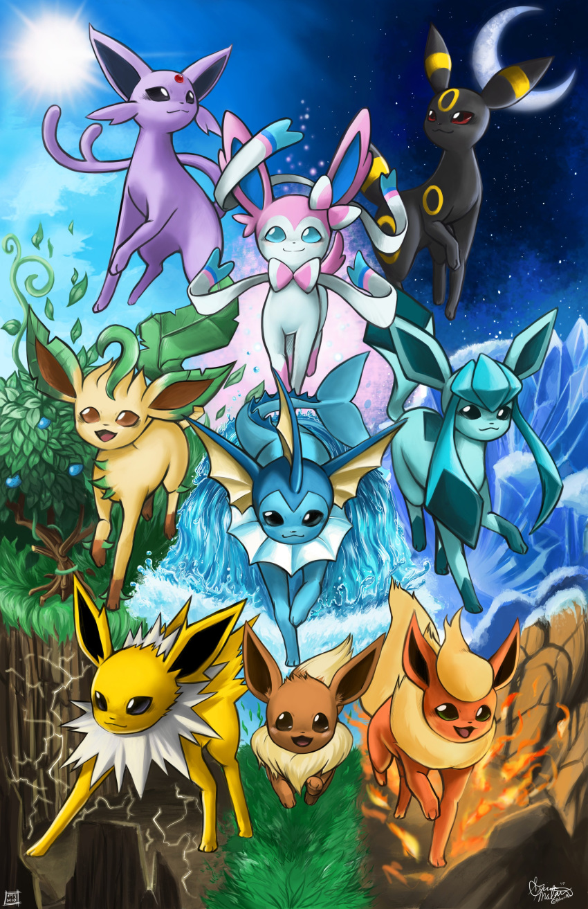 :3, absurdres, blue_eyes, brown_eyes, closed_mouth, eevee, eeveelutions, electricity
