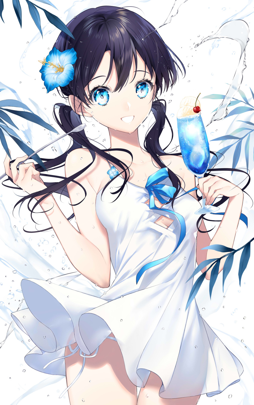 1girl, :d, absurdres, bangs, bare_arms, bare_shoulders, black_hair, blue_bow