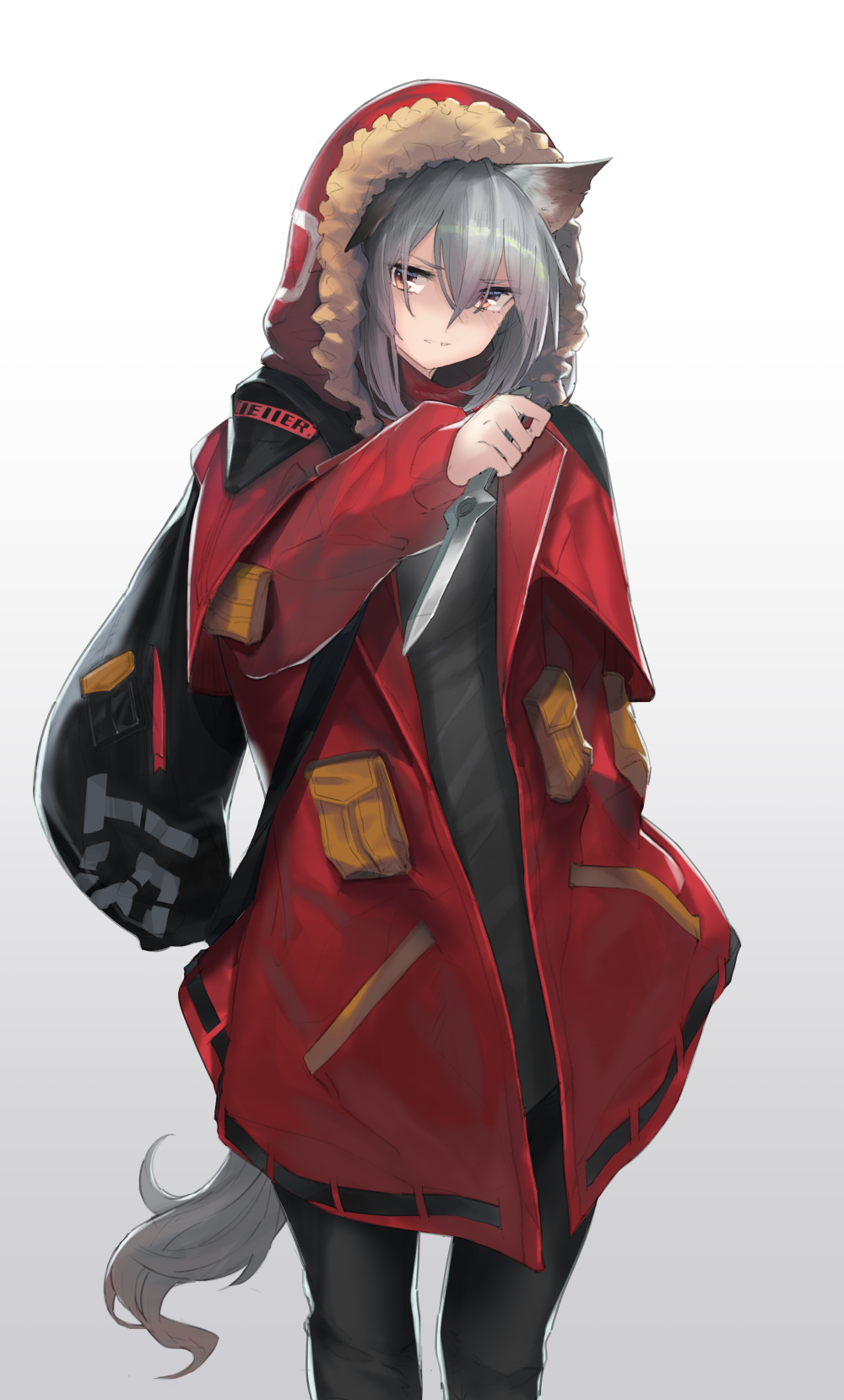 1girl, animal_ears, arknights, bag, bangs, black_pants, brown_eyes, commentary