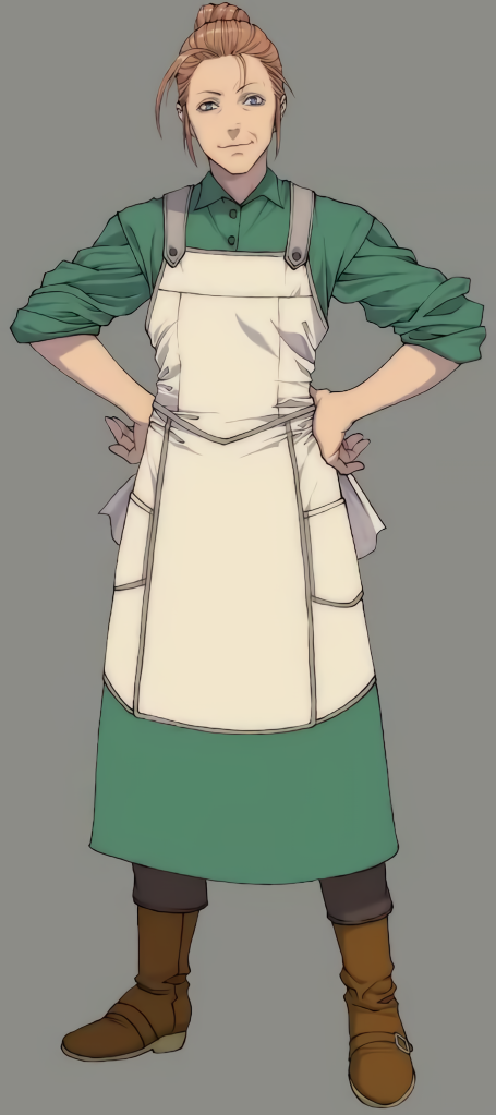 1girl, apron, brown_footwear, brown_hair, elmyra_gainsborough, final_fantasy, final_fantasy_vii, final_fantasy_vii_remake