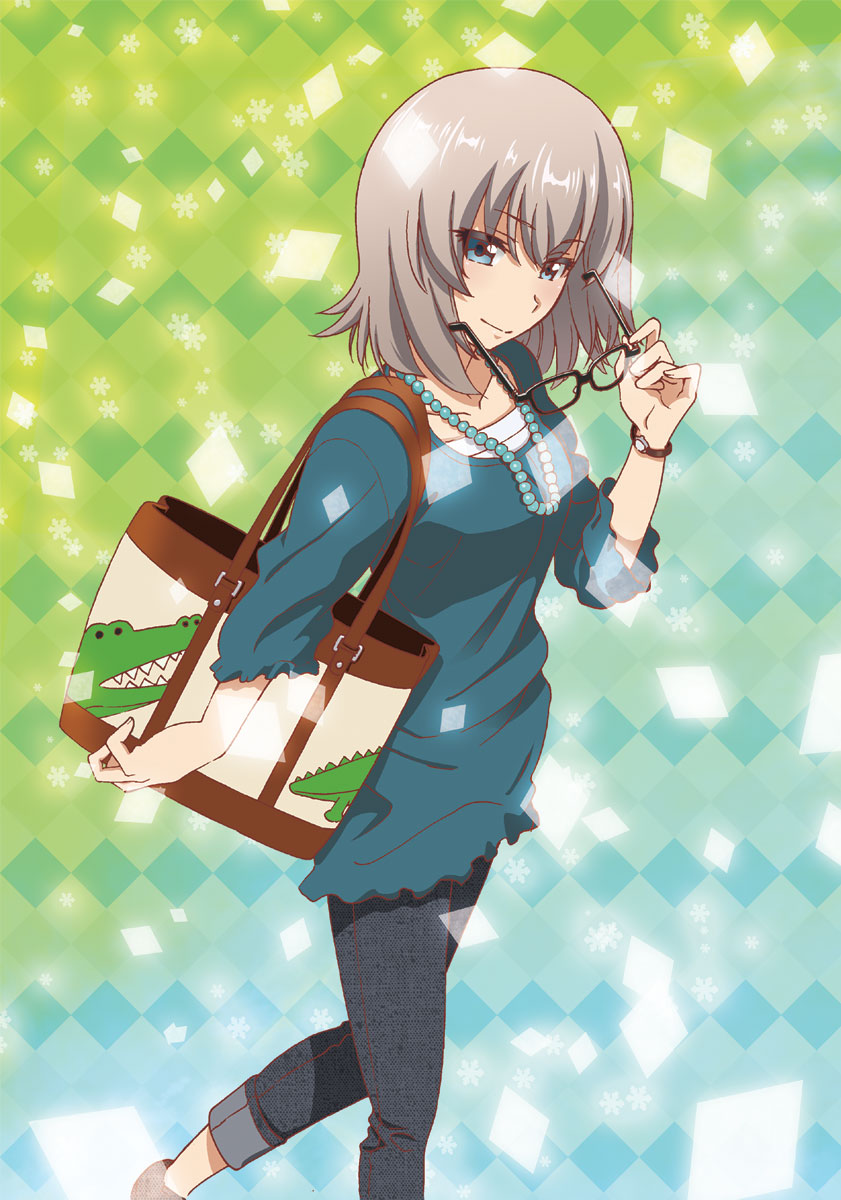 1girl, bag, bangs, black-framed_eyewear, black_pants, blouse, blue_eyes, capri_pants