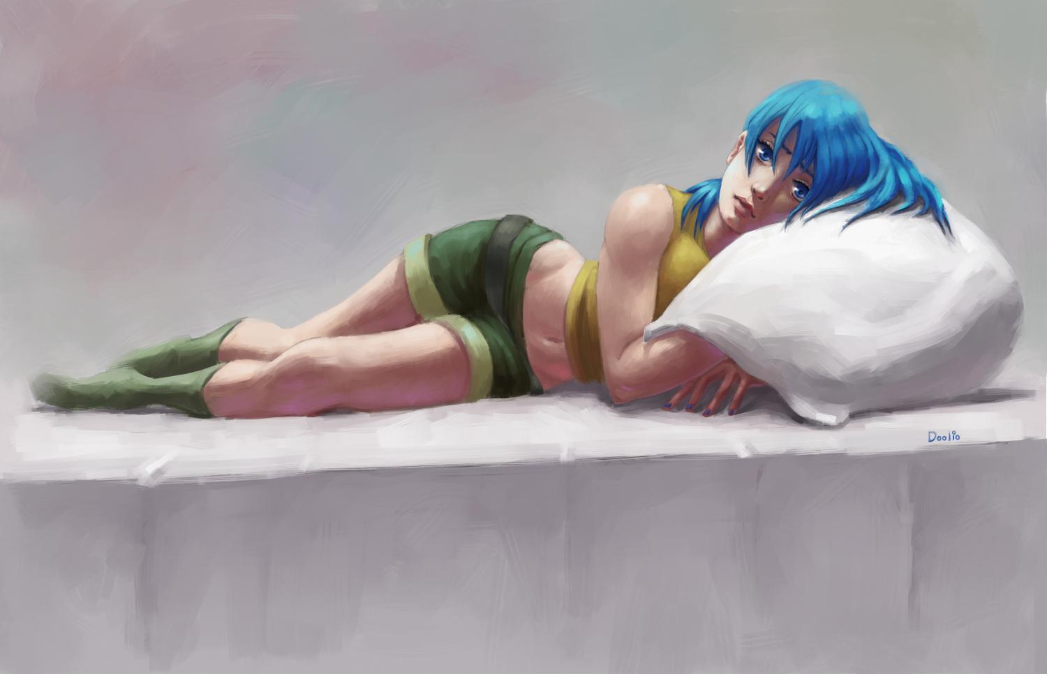 1girl, belt, blue_eyes, blue_hair, crop_top, doolio, leona_heidern, midriff, navel, on_bed, pillow, shorts, the_king_of_fighters