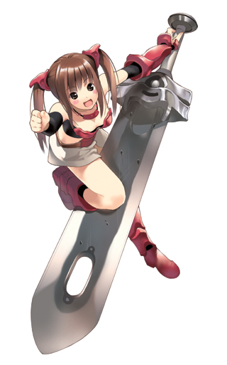 brown_eyes, brown_hair, gigantic_sword, huge_weapon, original, solo, sword, twintails