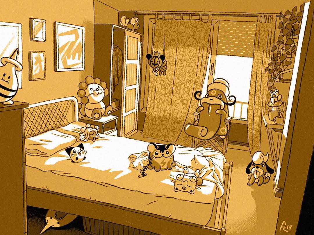 animon, bed, bed_sheet, bedroom, beta_pokemon, commentary, curtains, elebaby