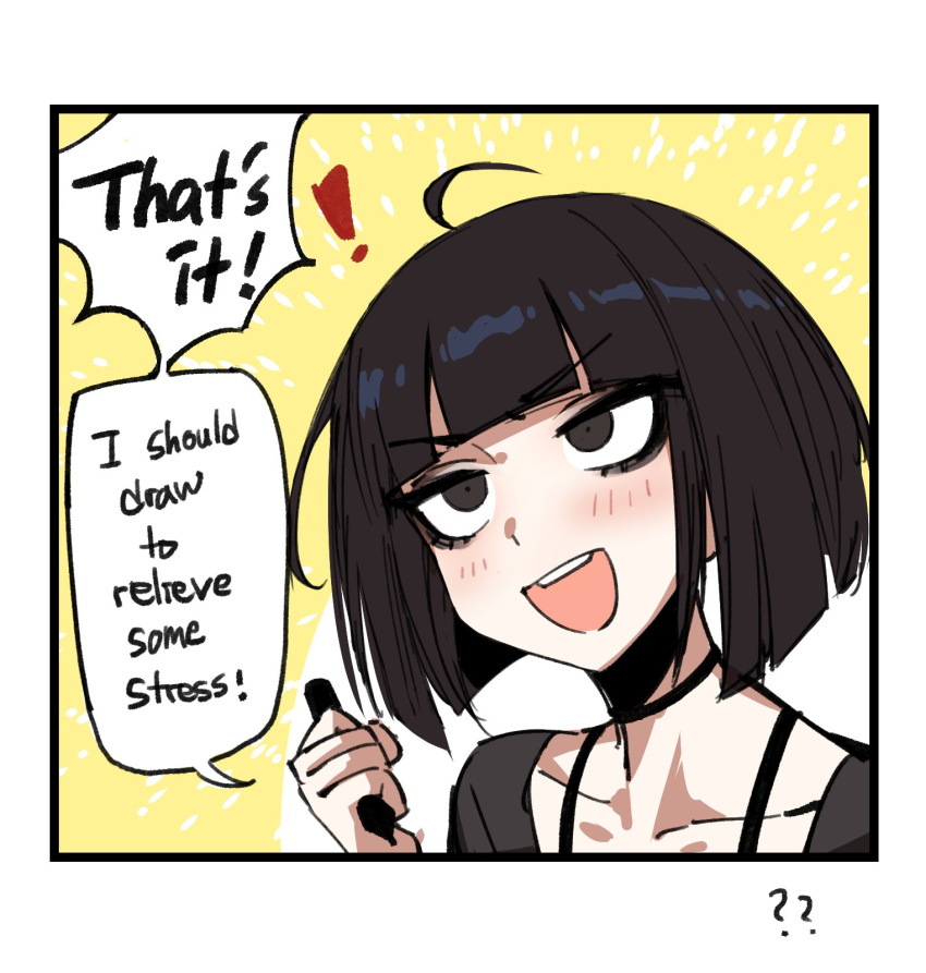 !, 1girl, :d, ??, ahoge, bangs, black_border, black_choker