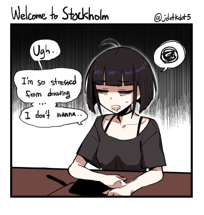 1girl, ahoge, bags_under_eyes, bangs, black_border, black_choker, black_hair, black_shirt