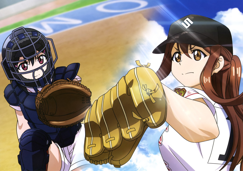 2girls, absurdres, baseball, baseball_cap, baseball_mitt, baseball_uniform, black_hair, brown_eyes