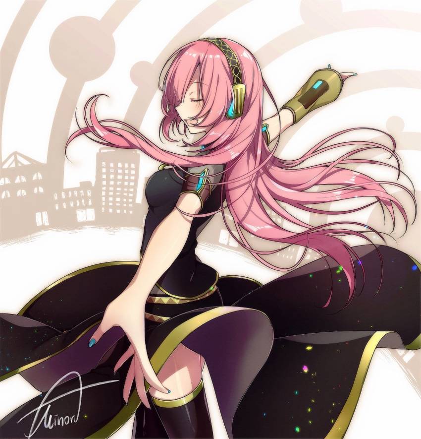 1girl, aqua_nails, asagao_minoru, belt, black_legwear, black_shirt, black_skirt, circle