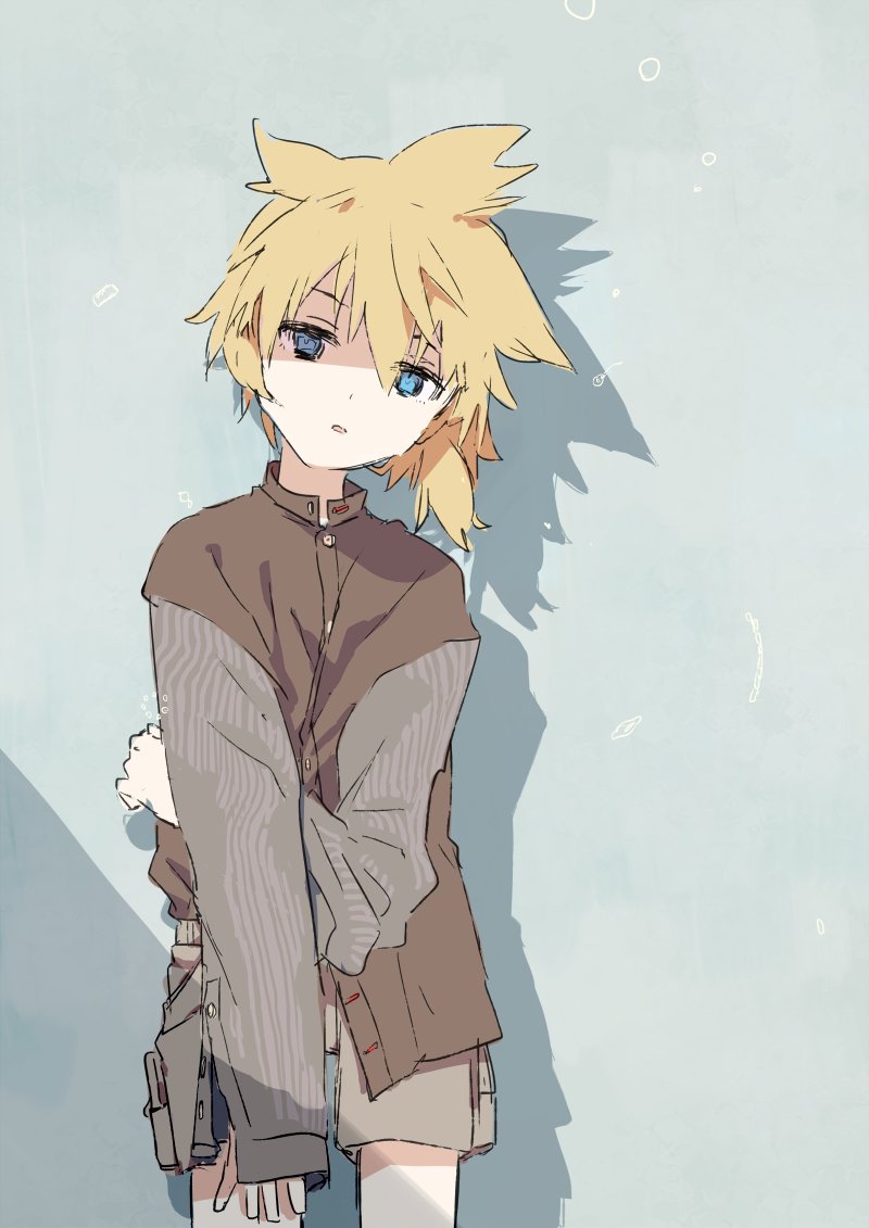 1boy, aqua_background, blonde_hair, blue_eyes, brown_shirt, brown_shorts, commentary, cowboy_shot