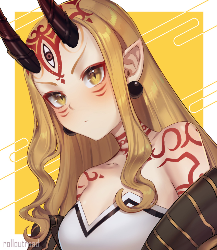1girl, blonde_hair, blush, border, breasts, earrings, egasumi, facial_mark