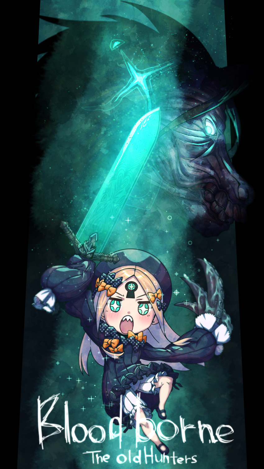 +_+, 1boy, 1girl, abigail_williams_(fate/grand_order), absurdres, aqua_eyes, arm_up, bangs