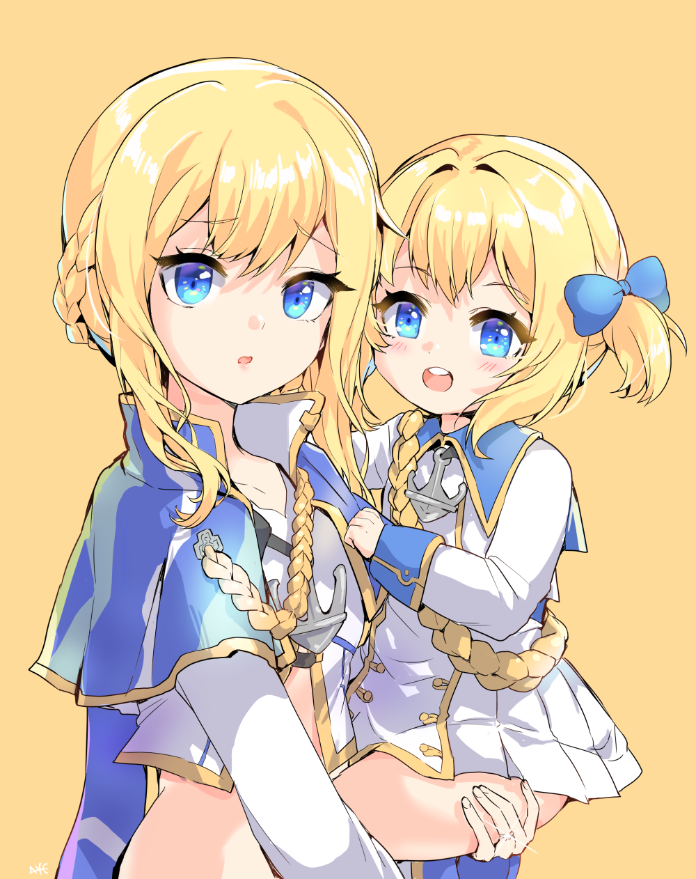 2girls, aye, azur_lane, blonde_hair, blue_capelet, blue_eyes, bow, braid