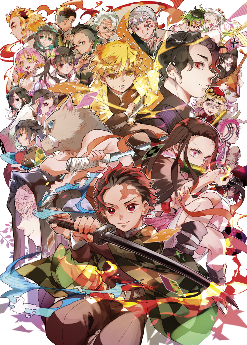 6+boys, 6+girls, absurdres, agatsuma_zenitsu, akaza_(kimetsu_no_yaiba), animal_print, bamboo, bangs, bit_gag, biwa_lute, black_hair, black_pants, black_shirt, blonde_hair, blue_eyes, blunt_bangs, boar_mask, braid, brown_hair, butterfly_print, closed_eyes, daki_(kimetsu_no_yaiba), douma_(kimetsu_no_yaiba), earrings, everyone, facial_mark, facial_scar, forehead_protector, forehead_scar, gag, gradient_hair, green_eyes, green_hair, gyokko_(kimetsu_no_yaiba), gyuutarou_(kimetsu_no_yaiba), hair_ribbon, hakama_pants, hana_(h6n6_matsu), hantengu_(kimetsu_no_yaiba), haori, hashibira_inosuke, highres, himejima_gyoumei, holding, holding_sword, holding_weapon, huge_filesize, iguro_obanai, instrument, japanese_clothes, jewelry, kamado_nezuko, kamado_tanjirou, kanroji_mitsuri, katana, kibutsuji_muzan, kimetsu_no_yaiba, kimono, kochou_shinobu, lavender_eyes, long_hair, looking_at_viewer, looking_back, lute_(instrument), mohawk, multicolored, multicolored_eyes, multicolored_hair, multiple_boys, multiple_girls, nakime_(kimetsu_no_yaiba), pants, parted_bangs, pink_eyes, pink_hair, pink_kimono, pink_ribbon, ponytail, rainbow_eyes, red_eyes, rengoku_kyoujurou, reverse_grip, ribbon, scar, shinazugawa_genya, shinazugawa_sanemi, shirt, shirtless, short_hair, side_ponytail, snake, sword, tokitou_muichirou, tomioka_giyuu, tsuyuri_kanao, ubuyashiki_kagaya, very_long_hair, weapon, white_hair, yellow_eyes