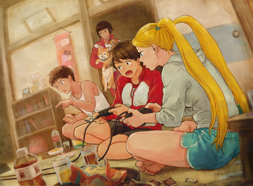 1boy, 3girls, animal, animal_hug, barefoot, bike_shorts, blue_shorts, brother_and_sister