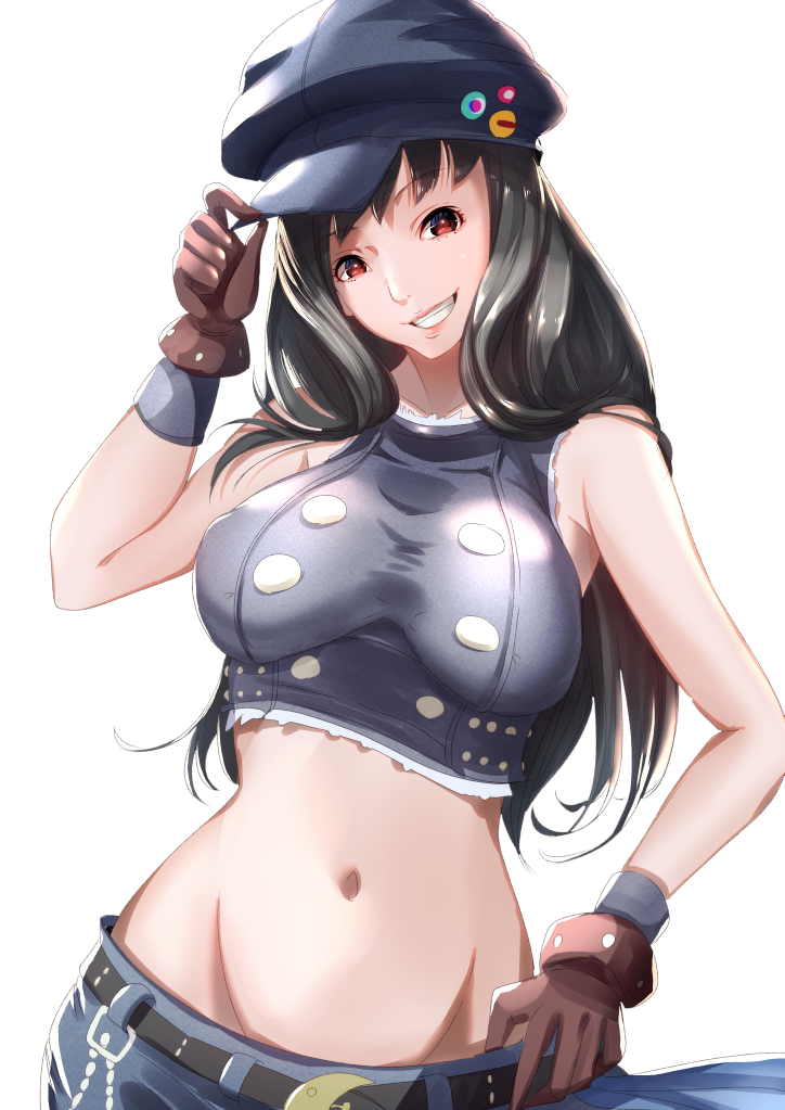 1girl, bangs, bare_shoulders, belt, belt_chain, black_belt, black_hair, blue_headwear