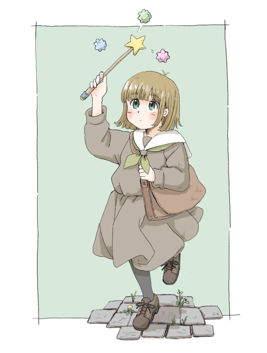 1girl, bag, brown_hair, candy, commentary, eyebrows_visible_through_hair, food, green_eyes