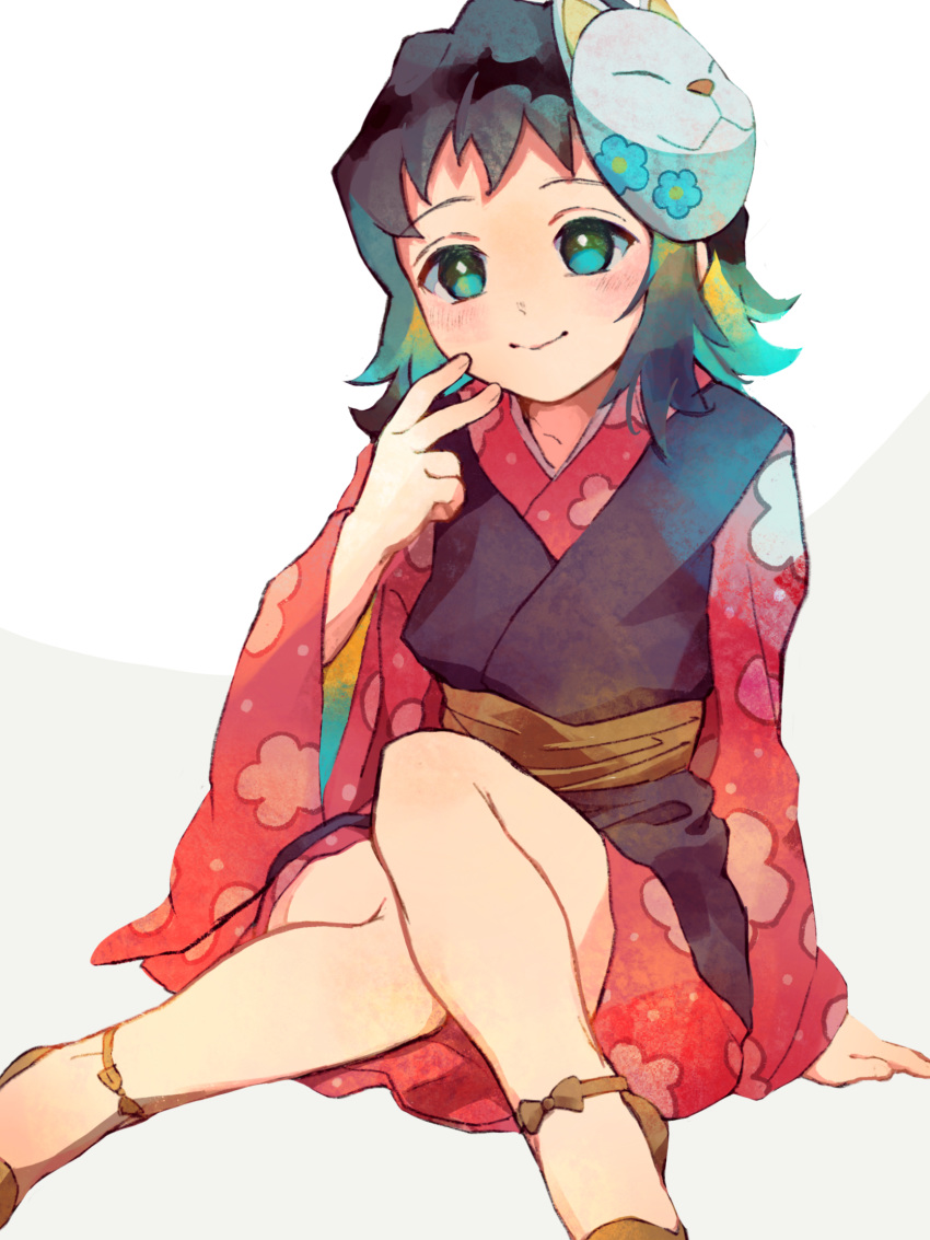 1girl, bangs, bare_legs, black_hair, blue_eyes, brown_footwear, brown_sash, floral_print
