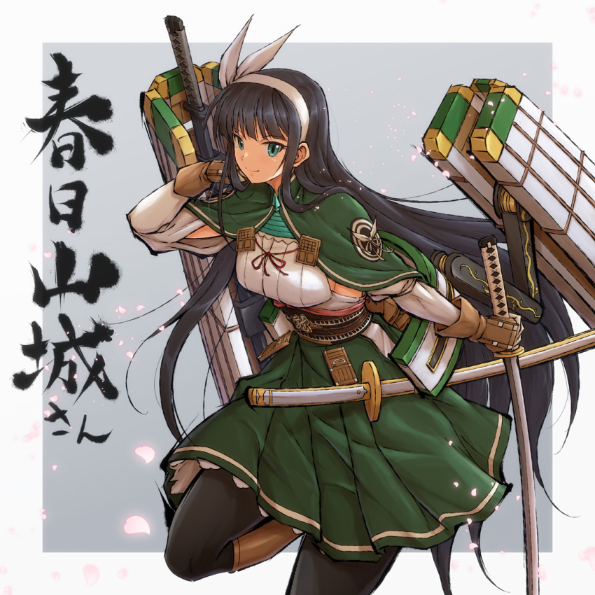 1girl, black_hair, black_legwear, breasts, character_name, dual_wielding, green_capelet, green_eyes