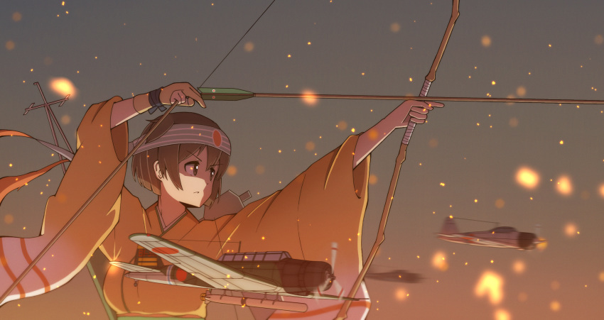 1girl, a6m_zero, aircraft, airplane, arrow, b5n, bow_(weapon), breasts