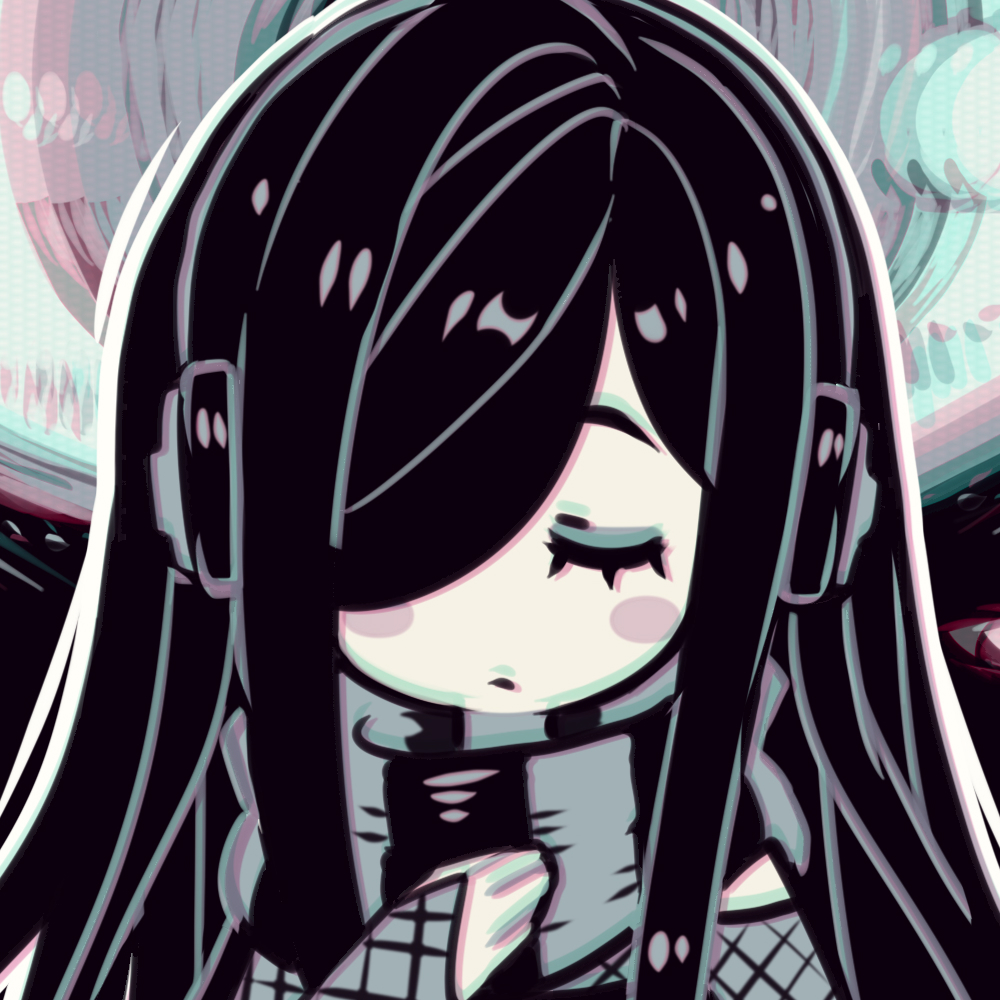 1girl, amissio, aria_wintermint, black_hair, blush_stickers, chromatic_aberration, closed_eyes, closed_mouth