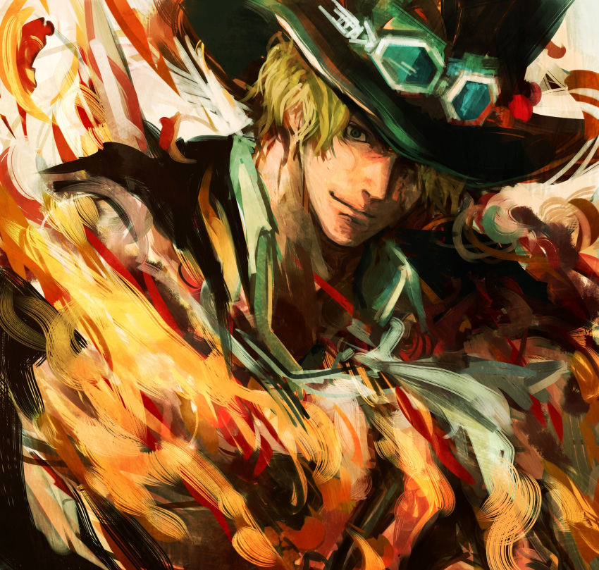 1boy, ascot, black_headwear, blonde_hair, closed_mouth, collar, fire, goggles