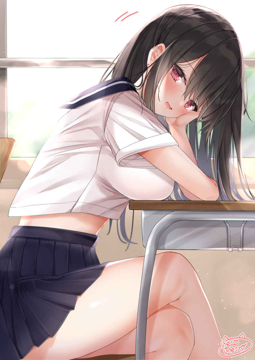 1girl, bangs, bare_thighs, black_hair, black_skirt, breast_rest, breasts, chair