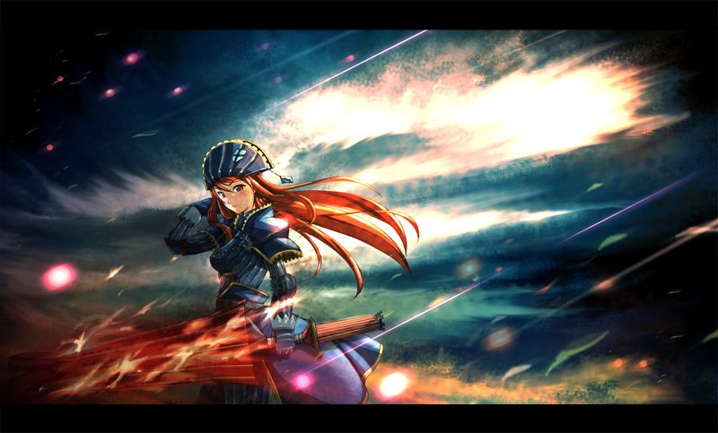 hat, keiji_asakawa, monster_hunter, red_eyes, red_hair, redhead, sky, sword