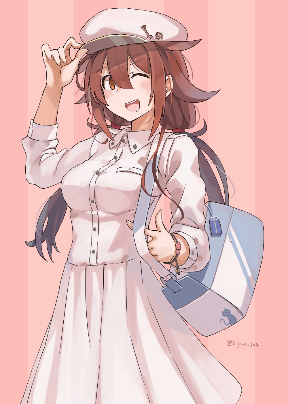 1girl, akashi_(kantai_collection), akashi_(kantai_collection)_(cosplay), beret, brown_eyes, brown_hair, cosplay, cowboy_shot