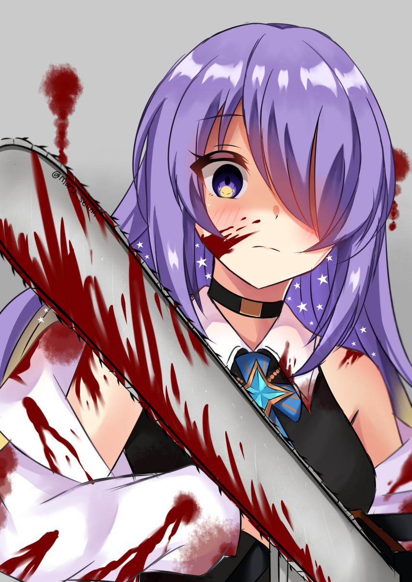 1girl, blood, blood_on_face, bloody_clothes, bloody_weapon, chainsaw, choker, gradient_hair