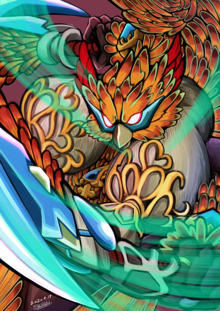 1other, 2020, agetatekoron2, bag, beak, bird, dual_wielding, glowing, glowing_eyes, highres, holding, orange_feathers, red_feathers, scythe, signature, simple_background, solo, suzaku_(xenoblade), wind, xenoblade_(series), xenoblade_2