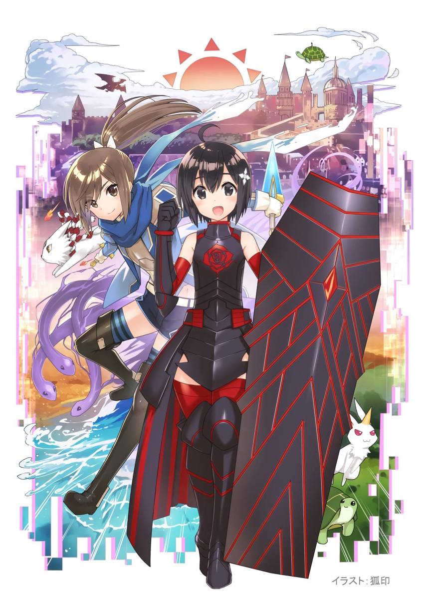 2girls, :d, absurdres, ahoge, armor, armored_boots, artist_name, bangs
