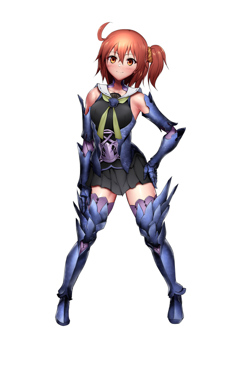 1girl, absurdres, ahoge, armored_boots, bangs, bare_shoulders, black_dress, blush