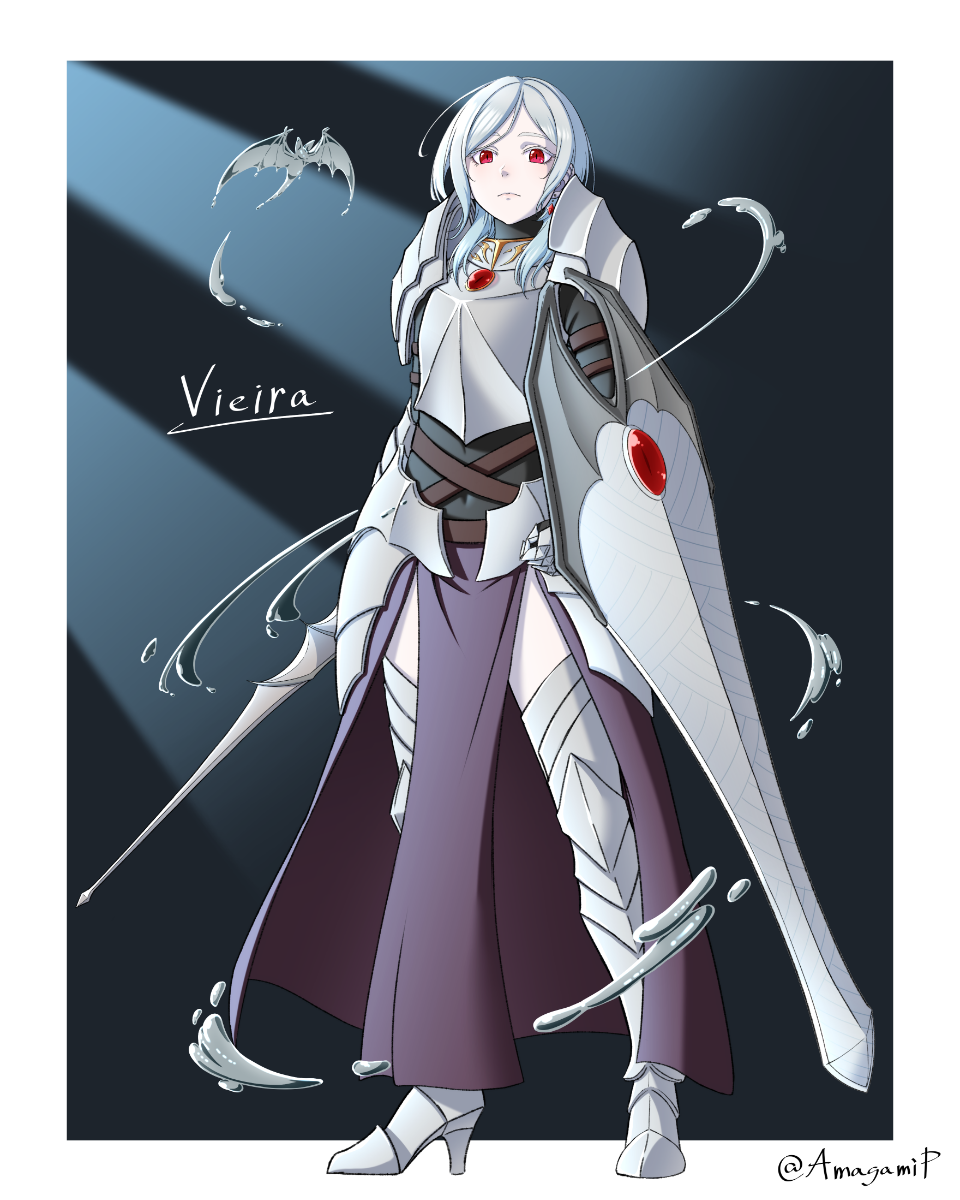 1girl, albino, amagamip, armor, armored_boots, arms_at_sides, bat, boots