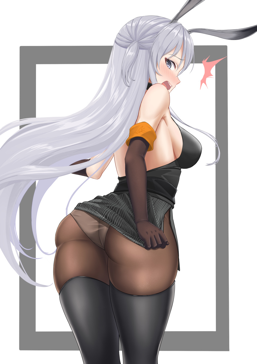1girl, absurdres, animal_ears, arknights, ass, back, bangs, bare_shoulders, black_footwear, black_legwear, black_shirt, blush, boots, breasts, brown_gloves, brown_legwear, chinese_commentary, commentary_request, cowboy_shot, elbow_gloves, from_behind, gloves, grey_eyes, grey_skirt, highres, large_breasts, lazgear, long_hair, looking_at_viewer, looking_back, medium_breasts, miniskirt, open_mouth, panties, pantyhose, pencil_skirt, rabbit_ears, savage_(arknights), shirt, side_slit, sideboob, silver_hair, simple_background, skindentation, skirt, sleeveless, sleeveless_shirt, solo, standing, thigh-highs, thigh_boots, thighs, two_side_up, underwear, very_long_hair, white_background, white_panties