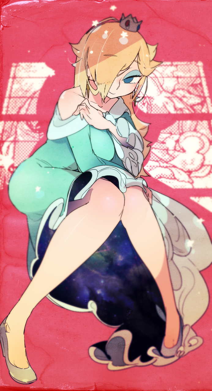 1girl, bare_legs, blonde_hair, blue_dress, blurry, breasts, closed_mouth, commentary