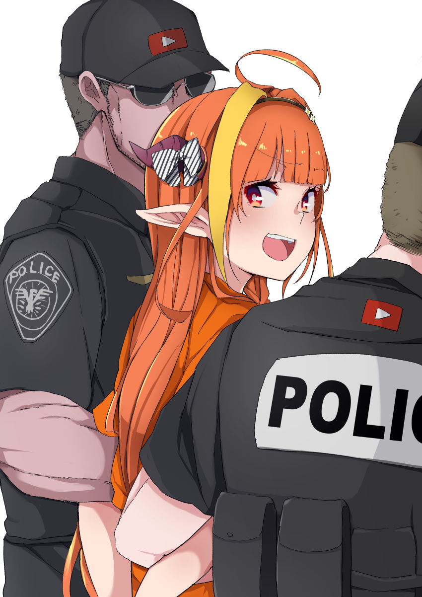 1girl, 2boys, absurdres, ahoge, alternate_costume, arrest, back, bangs