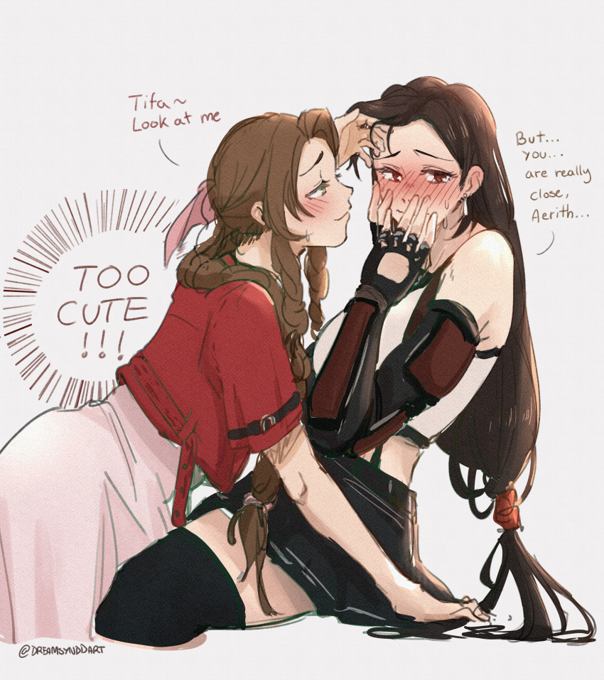 2girls, absurdres, aerith_gainsborough, arm_guards, black_hair, black_skirt, blush, braid, braided_ponytail, brown_hair, dreamsyndd, dress, english_text, final_fantasy, final_fantasy_vii, final_fantasy_vii_remake, hands_on_another's_face, highres, jacket, leaning_on_person, long_hair, looking_at_another, low-tied_long_hair, multiple_girls, nervous, pink_dress, red_jacket, simple_background, skirt, tank_top, thigh-highs, tifa_lockhart, yuri