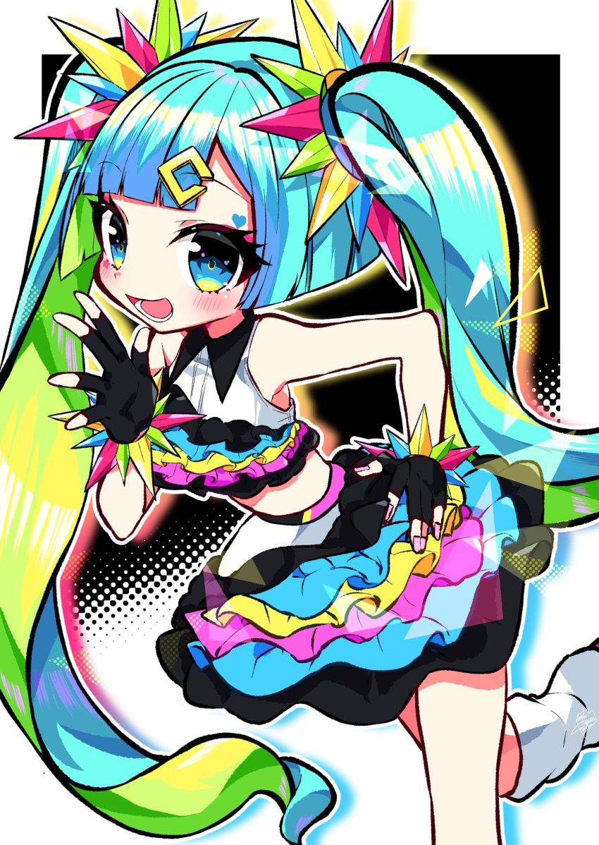 1girl, aqua_hair, bangs, bare_shoulders, black_gloves, black_skirt, blue_eyes, blunt_bangs