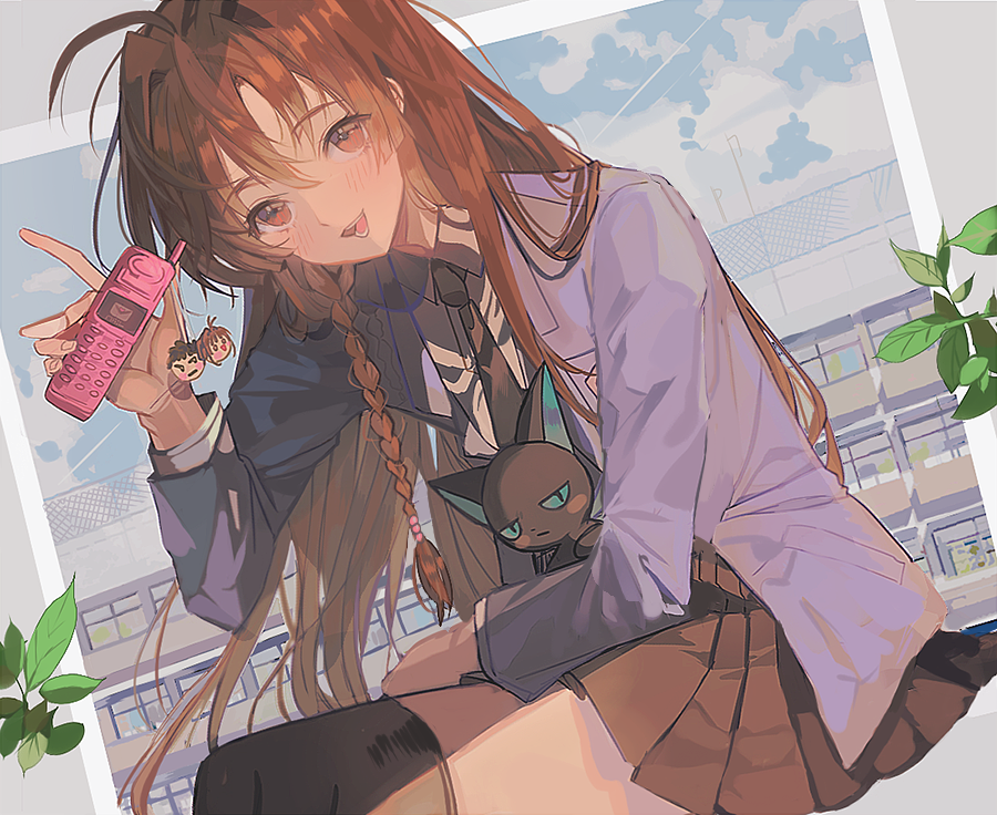 1girl, akizuki_nakuru, antenna_hair, bangs, black_legwear, black_neckwear, black_skirt, blazer