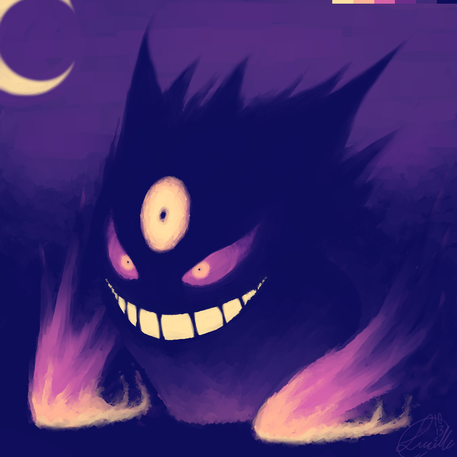 amphibizzy, commentary, creature, crescent_moon, dark, english_commentary, evil_grin, evil_smile, gen_1_pokemon, gengar, grin, mega_gengar, mega_pokemon, moon, night, night_sky, no_humans, outdoors, pokemon, pokemon_(creature), purple_theme, signature, sky, smile, third_eye, violet_eyes