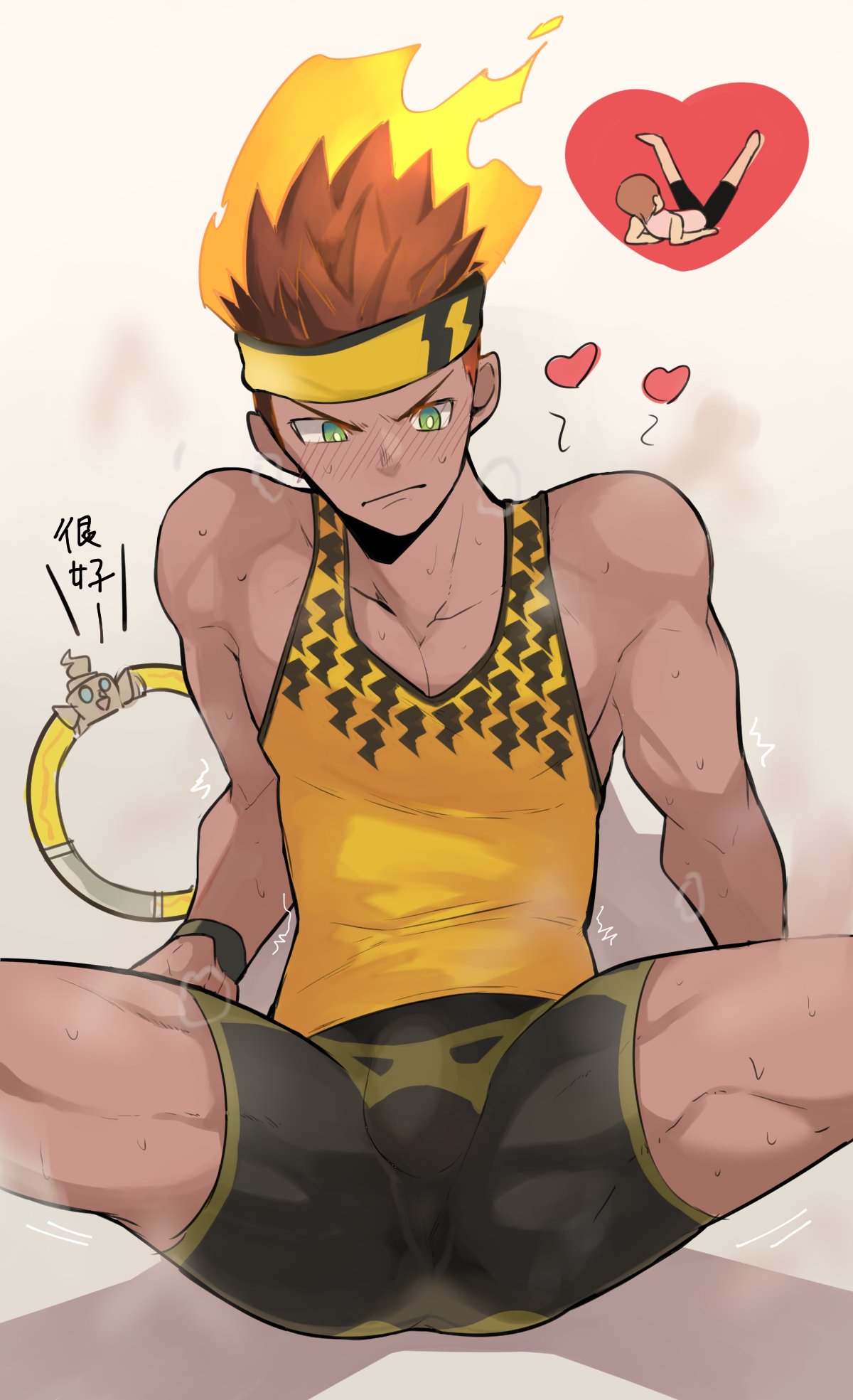 1boy, aper, bike_shorts, black_shorts, bright_pupils, exercise, green_eyes, heart