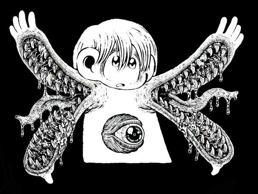 15ooo, 1girl, black_background, extra_mouth, eyes, fangs, greyscale, hair_between_eyes, horror_(theme), long_hair, monochrome, no_nose, open_mouth, original, saliva, scared, simple_background, solo, tongue, white_hair