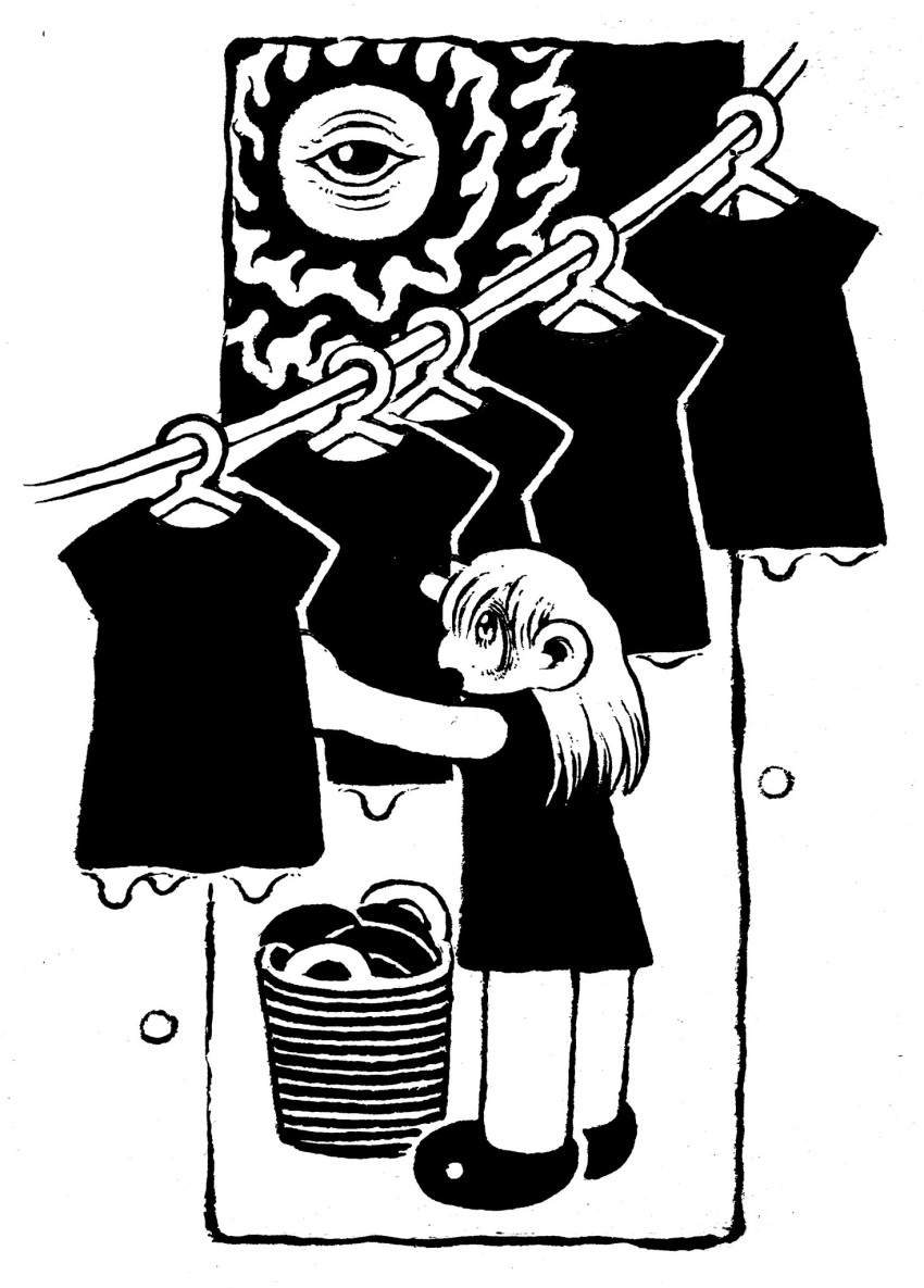 15ooo, 1girl, basket, black_dress, black_footwear, clothes_hanger, dress, dripping