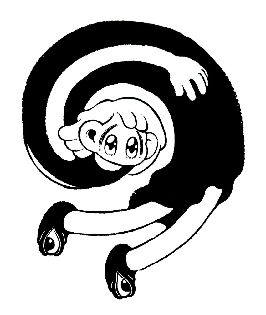 15ooo, 1girl, black_dress, black_footwear, dress, extra_eyes, full_body, greyscale