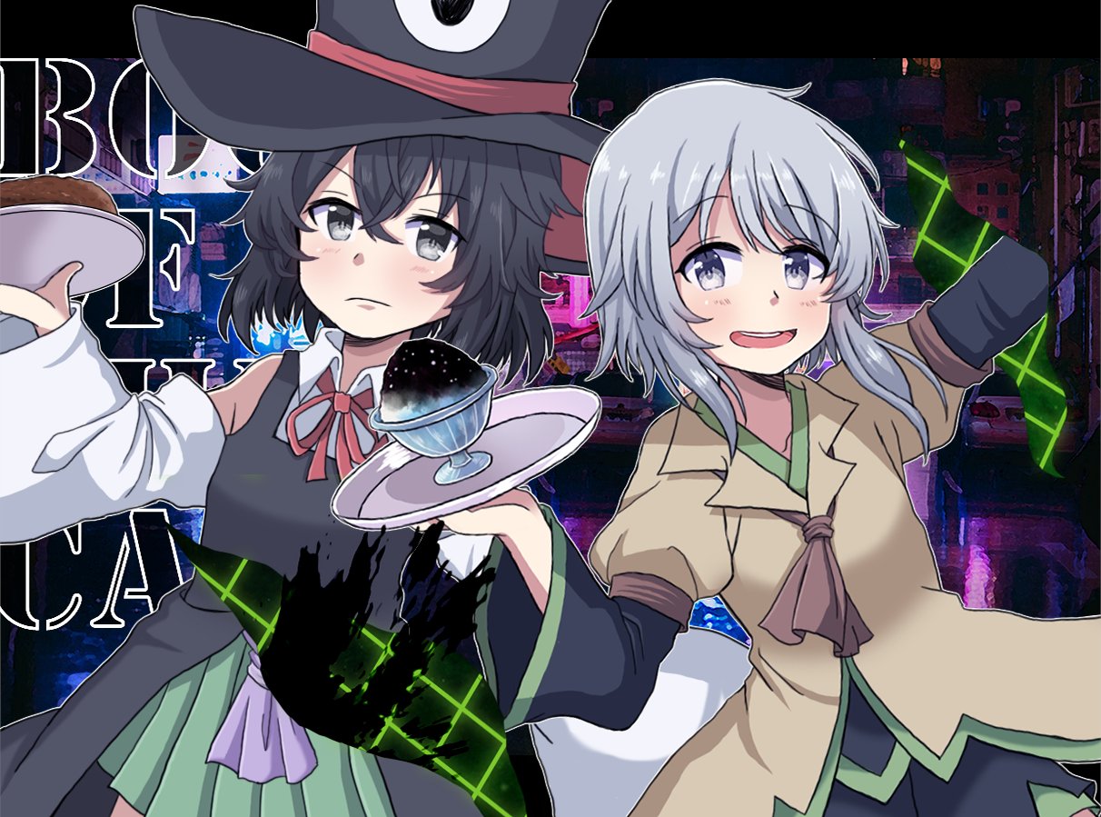 2others, androgynous, black_eyes, black_hair, book_of_the_cafe, bow, brown_coat, coat, detached_sleeves, enraku_tsubakura, gap, grey_eyes, grey_hair, hamburger_steak, hat, holding, holding_tray, houlen_yabusame, ink, large_hat, len'en, multiple_others, red_ribbon, ribbon, shaved_ice, short_hair_with_long_locks, shorts, smile, top_hat, tray, ximsol182