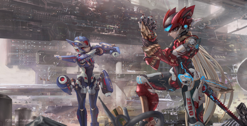 2boys, absurdres, android, blonde_hair, blue_eyes, blue_helmet, closed_mouth, english_text