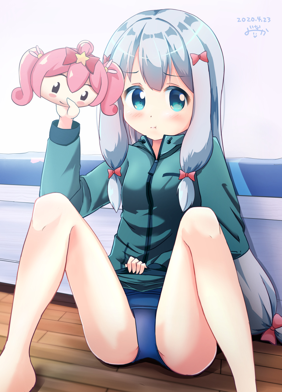 1girl, a-1_pictures, ascii_media_works, bed, blue_eyes, blue_swimsuit, bow, commentary_request