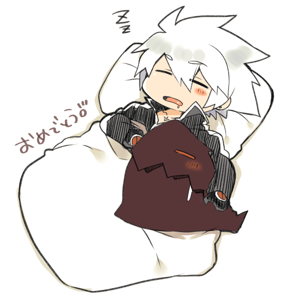 1boy, black_gloves, blanket, blazblue, blush, closed_eyes, closed_mouth, collarbone