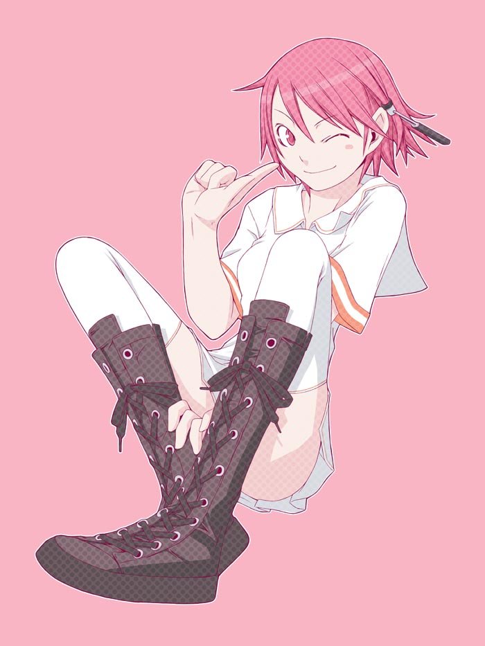 boots, kamisama_kazoku, kamiyama_tenko, pink, pink_background, pink_hair, redhead, skirt